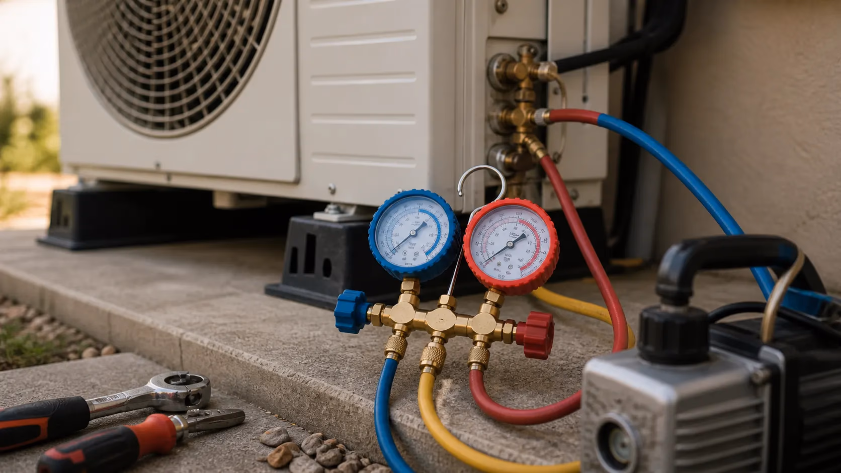 Gros plan sur un manomètre et des outils de charge en fluide frigorigène posés près d'un groupe extérieur de climatisation