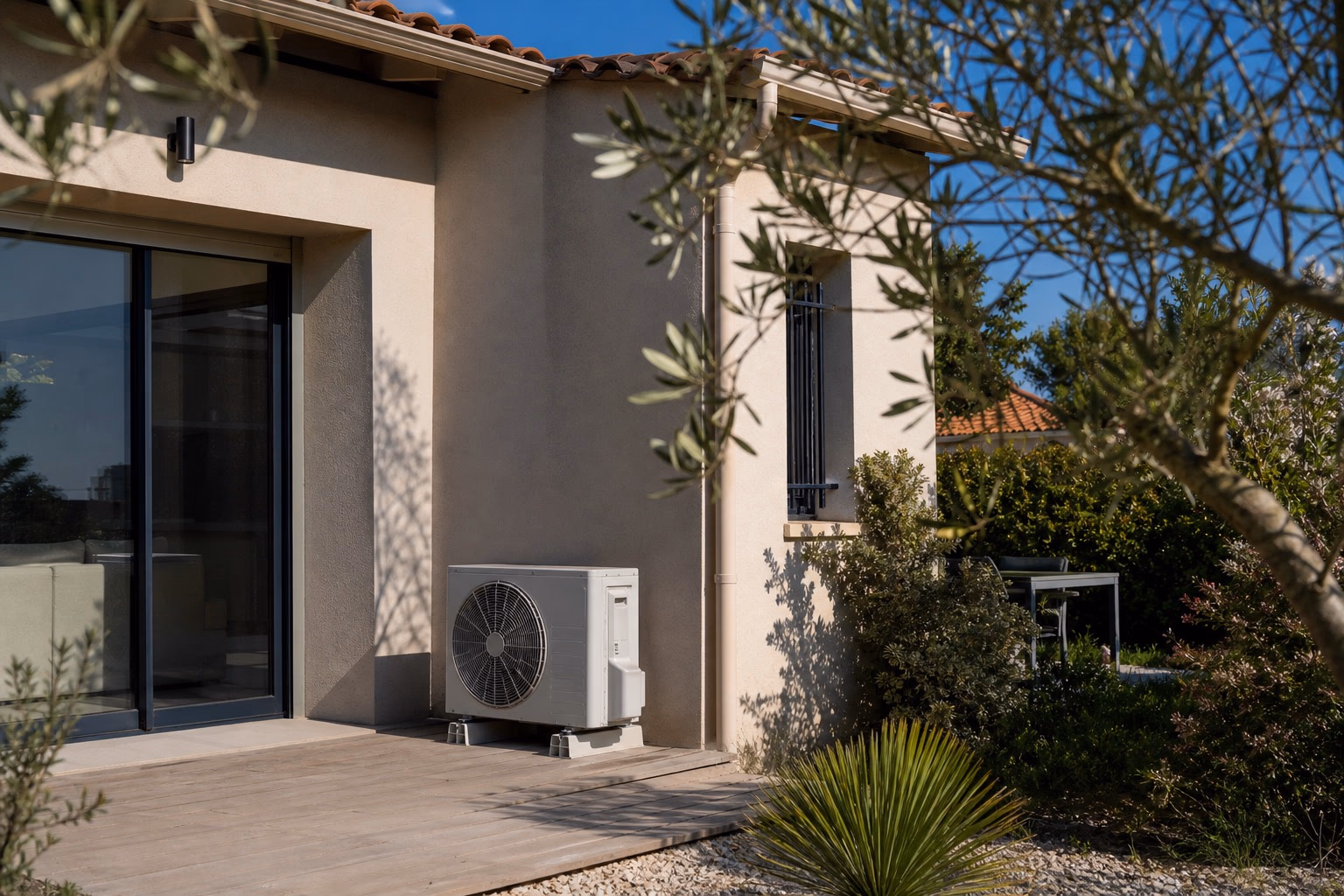 Maison méditerranéenne de Montpellier avec unité extérieure de climatisation posée sur dalle béton en façade sud, oliviers au premier plan sous un ciel bleu