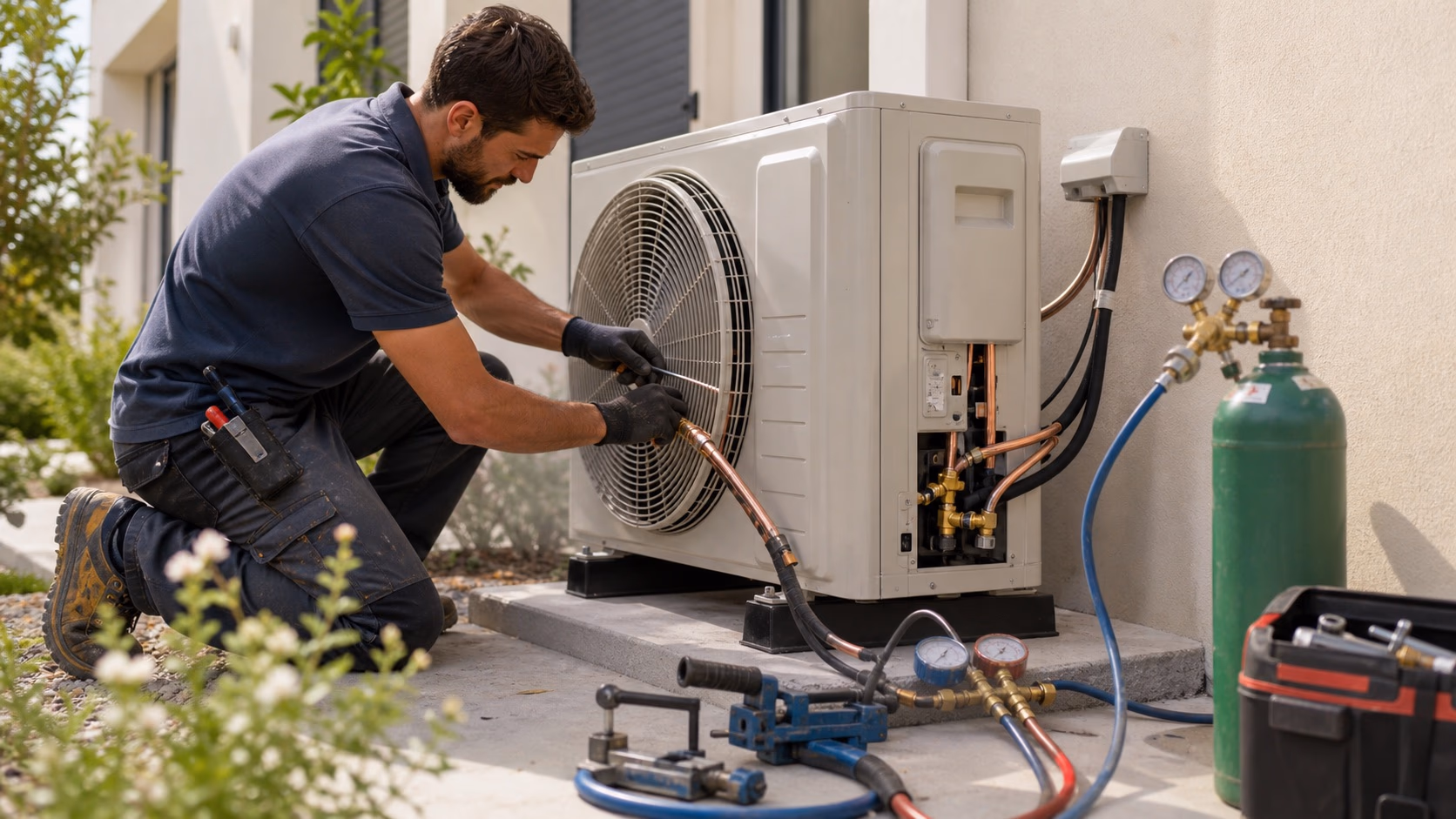 Frigoriste installant un groupe extérieur de climatisation multisplit Daikin sur dalle béton en pied de mur, avec outils de cintrage et bouteille d'azote au sol