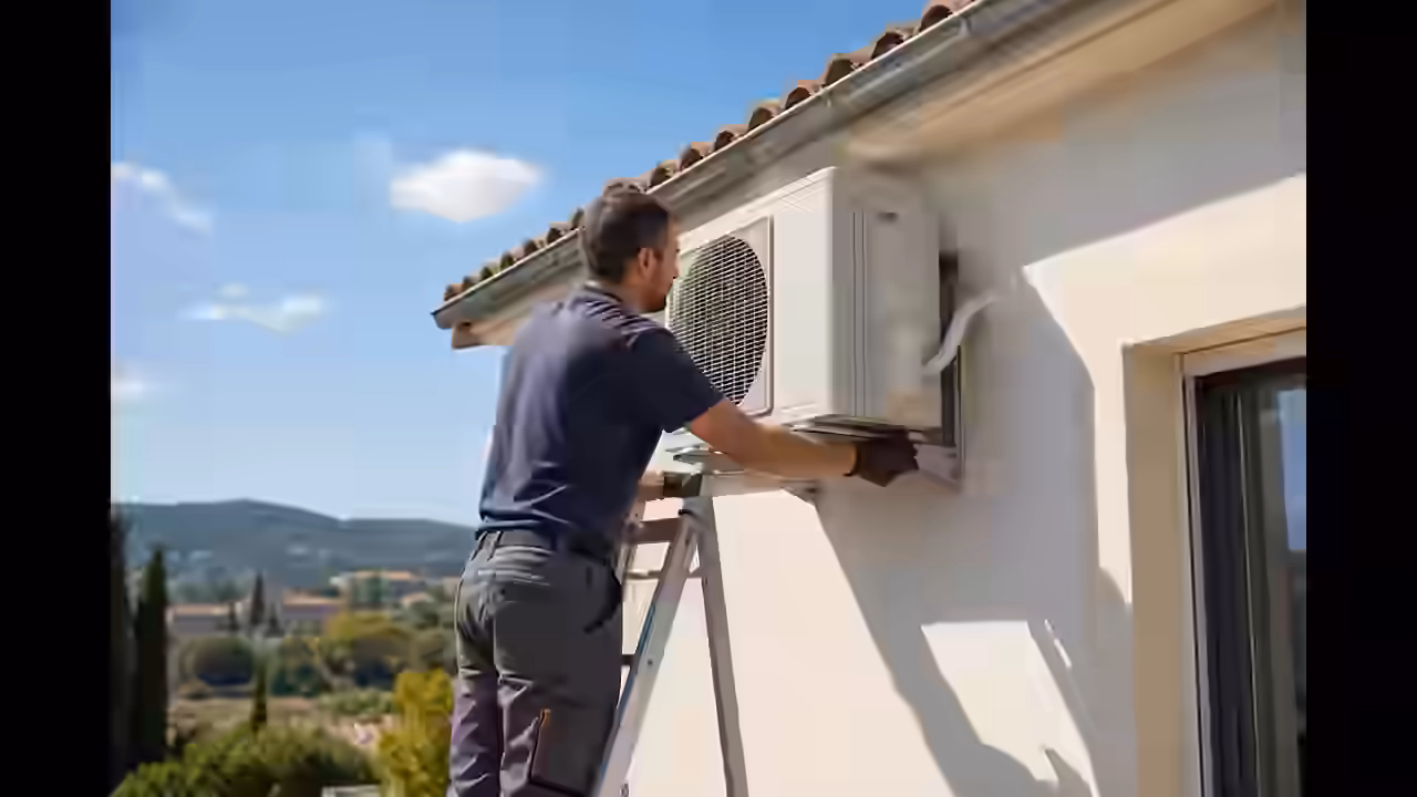 Installateur RGE QualiPAC fixant un groupe extérieur de climatisation réversible sur la façade d&#39;une maison en Occitanie sous un ciel d&#39;été