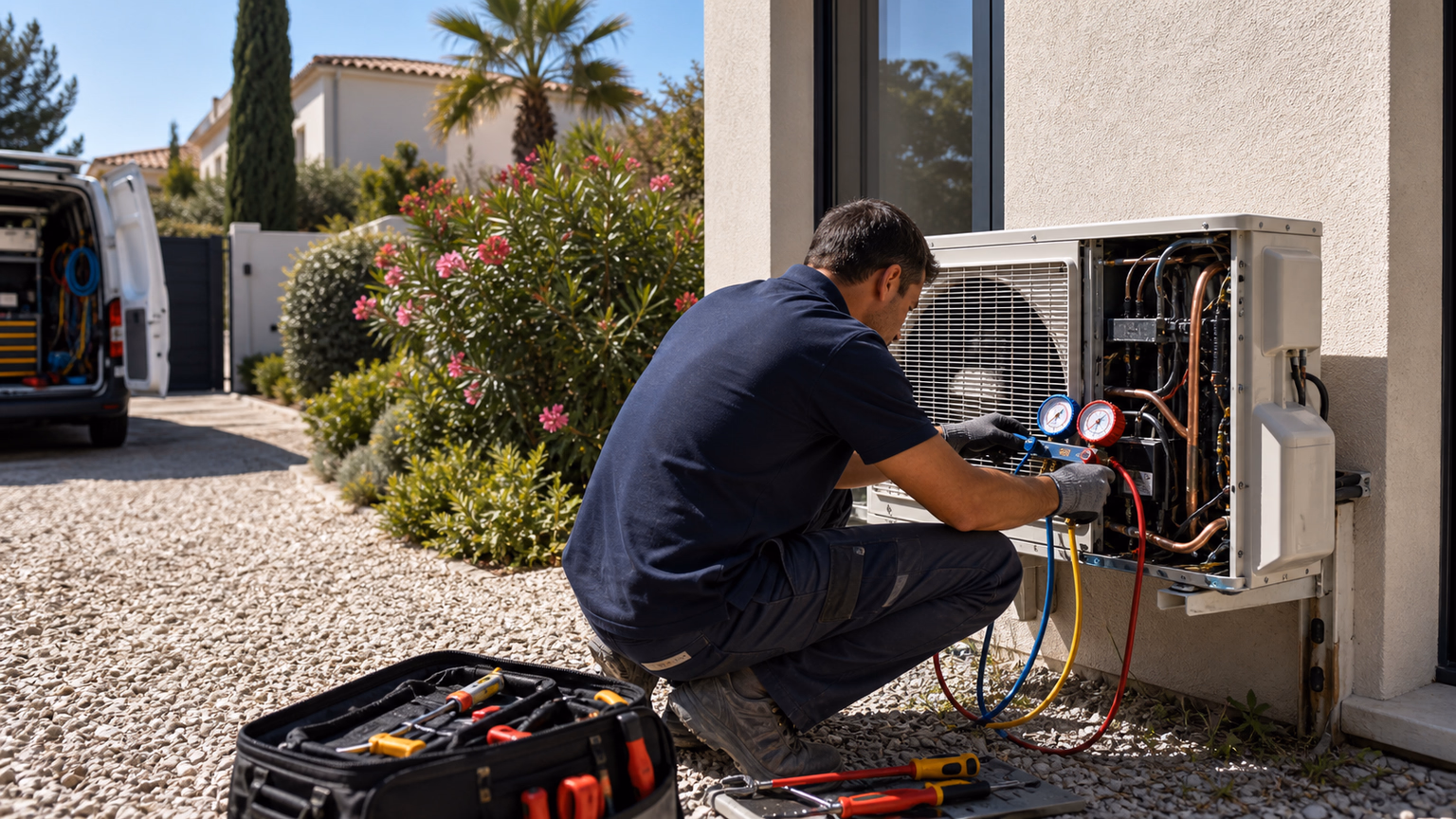 Technicien frigoriste en intervention sur une unité extérieure de climatisation devant une maison à Montpellier sous un soleil d&#39;été