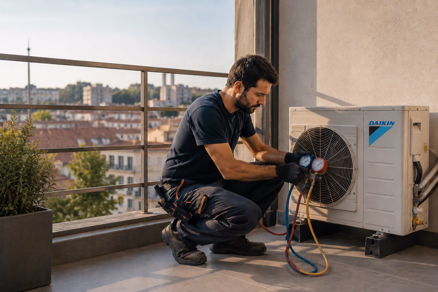 Technicien frigoriste contrôlant l&#39;unité extérieure d&#39;une climatisation réversible sur une terrasse d&#39;appartement à Montpellier