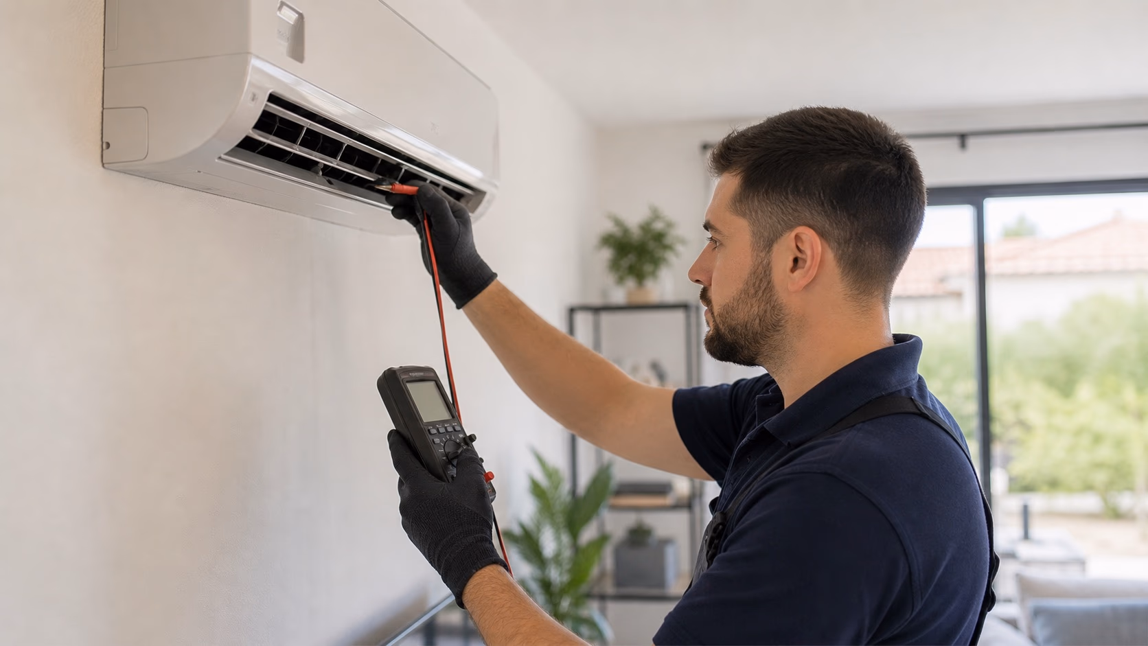 Technicien certifié RGE relevant les mesures d'une unité intérieure de climatisation murale dans le salon d'une maison