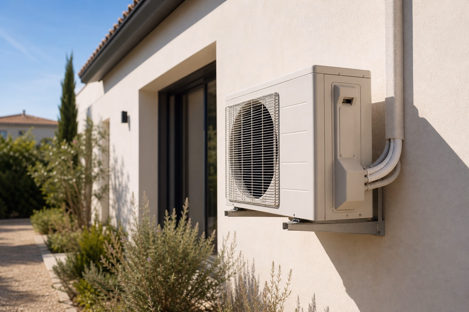 Unité extérieure de climatisation réversible installée sur la façade d&#39;une maison individuelle sous le soleil à Montpellier