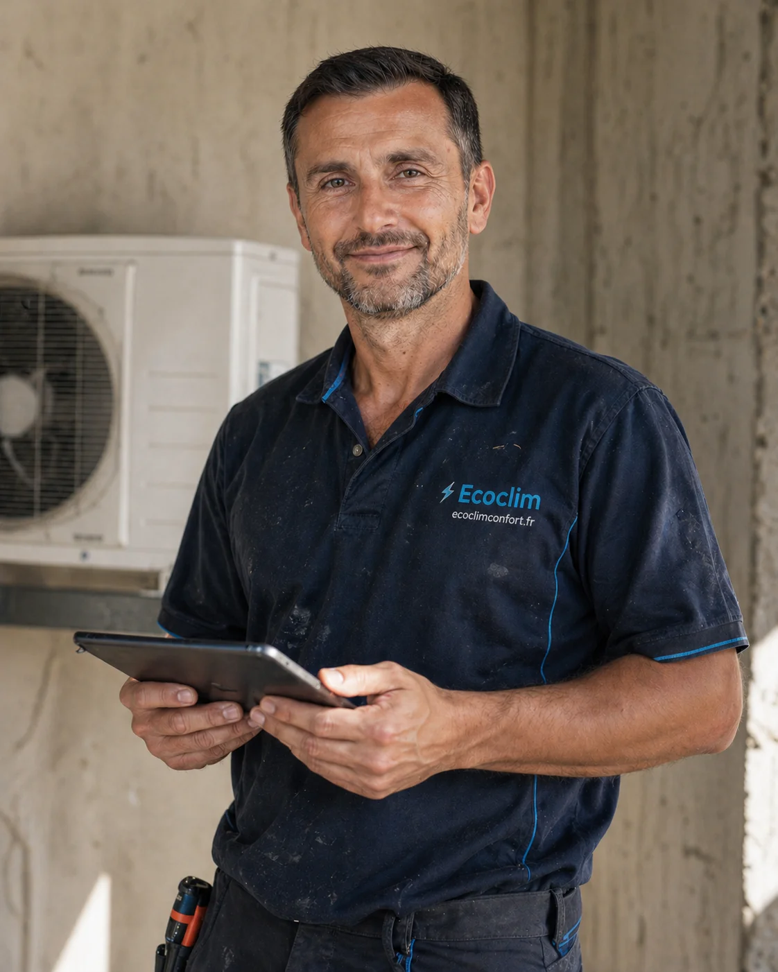Portrait d'un technicien Eco Clim Confort en uniforme bleu marine, tenant une tablette devant une unité extérieure de pompe à chaleur
