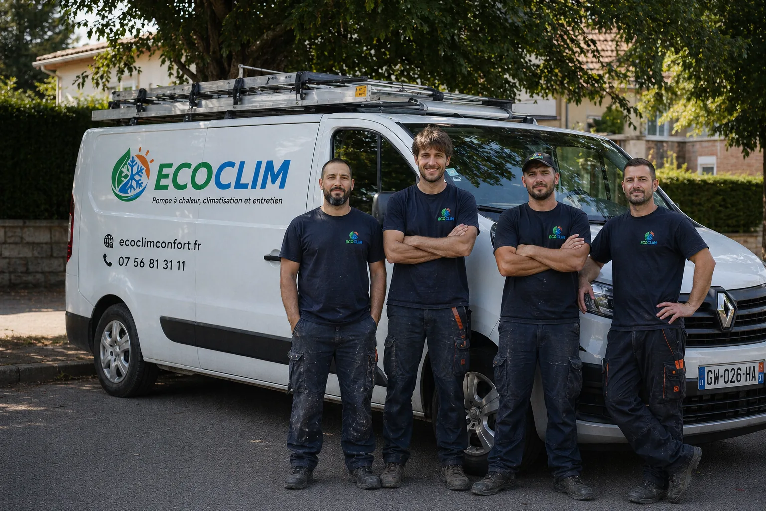 Équipe d'intervention en tenue de travail devant un véhicule identifié Eco Clim Confort