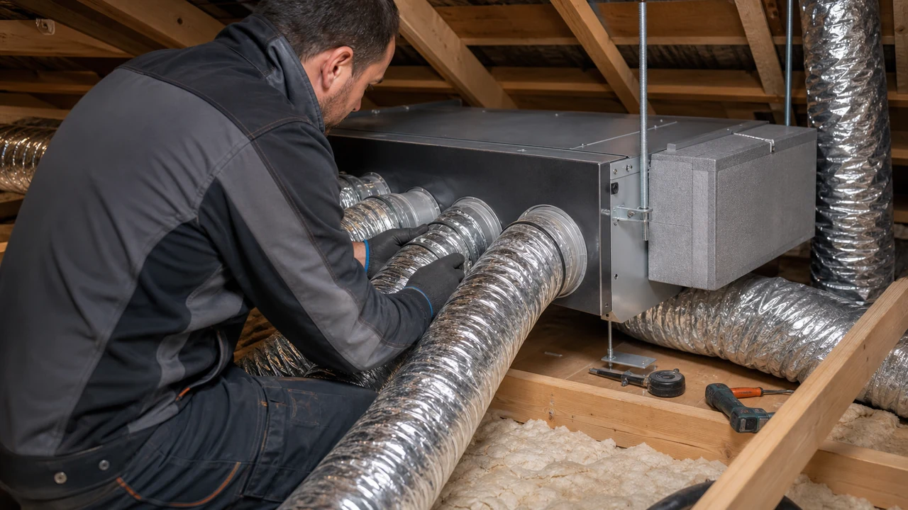 Technicien installant des gaines isolées et un plénum de climatisation gainable dans des combles