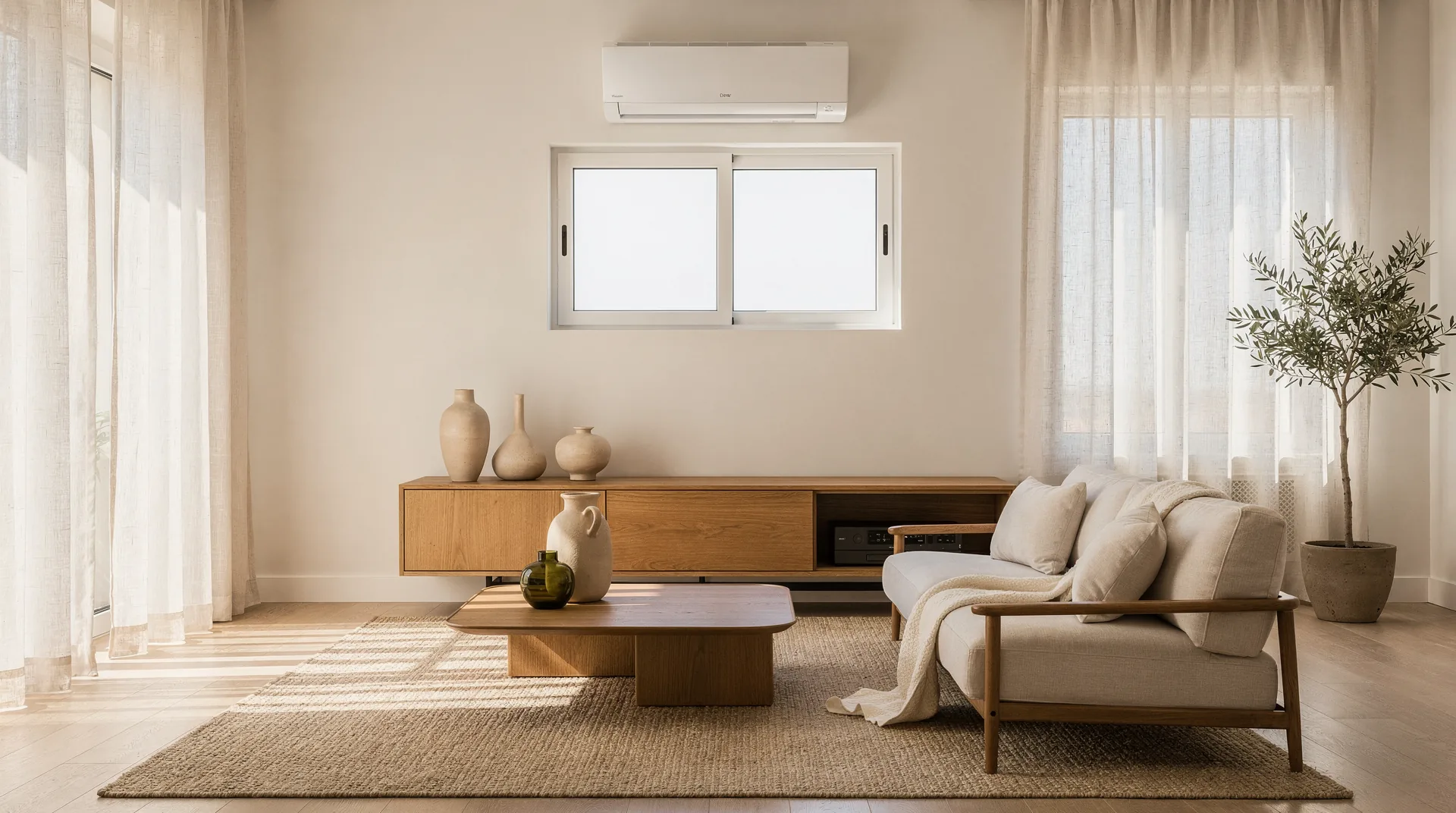 Salon moderne avec climatisation réversible discrète installée au mur