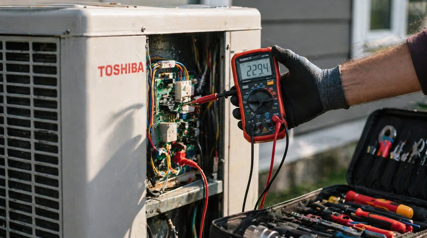 Technicien testant le tableau électrique d’une unité extérieure de PAC en intervention urgence