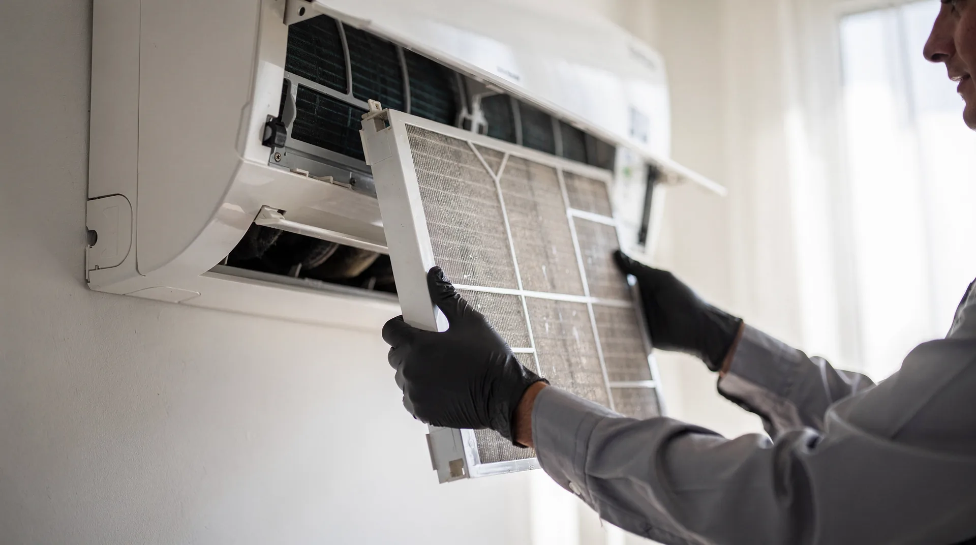 Technicien nettoyant le filtre d’une climatisation