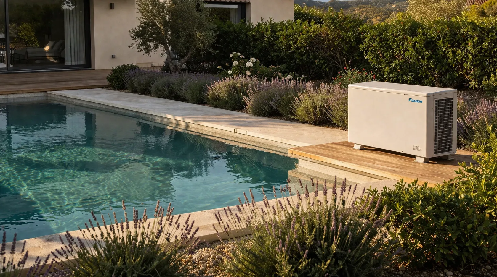 Pompe à chaleur de piscine installée au bord du bassin
